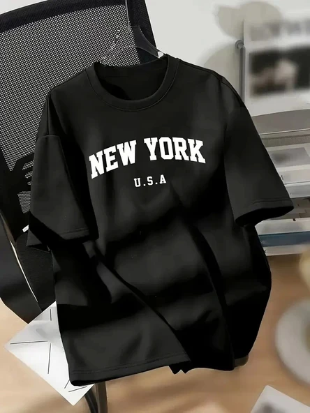 20/1 Penye Compack New York Baskılı Oversize Kısa Kol Bisiklet Yaka T-shirt - Siyah ürün görseli