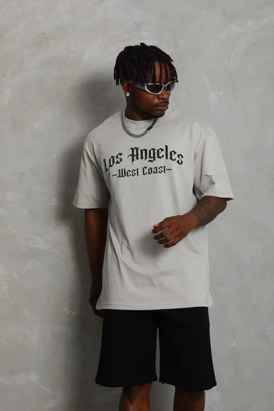 Unisex Oversize Baskılı Bisiklet Yaka T-Shirt - Gri ürün görseli