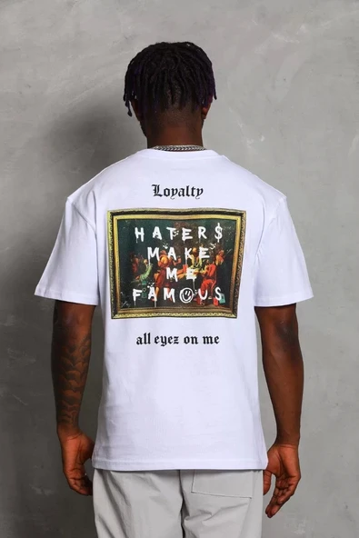 Unisex Oversize Baskılı Bisiklet Yaka T-Shirt - Beyaz - 5