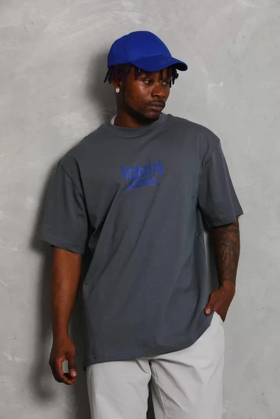 Unisex Oversize Baskılı Bisiklet Yaka T-Shirt - Füme - Resim 5