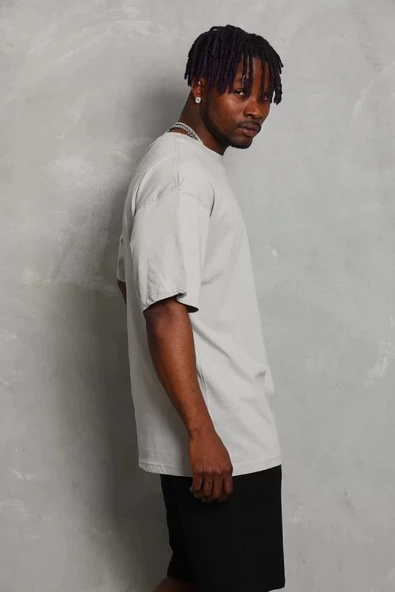 Unisex Oversize Düz Bisiklet Yaka T-Shirt - Gri - Resim 2