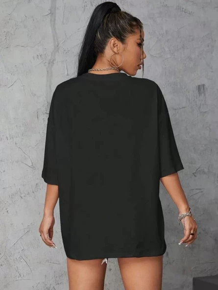 Kadın Baskılı Oversize T-shirt - Siyah - Resim 2