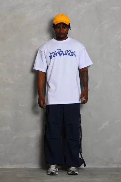 Unisex Oversize Baskılı Bisiklet Yaka T-Shirt - Beyaz - Resim 5