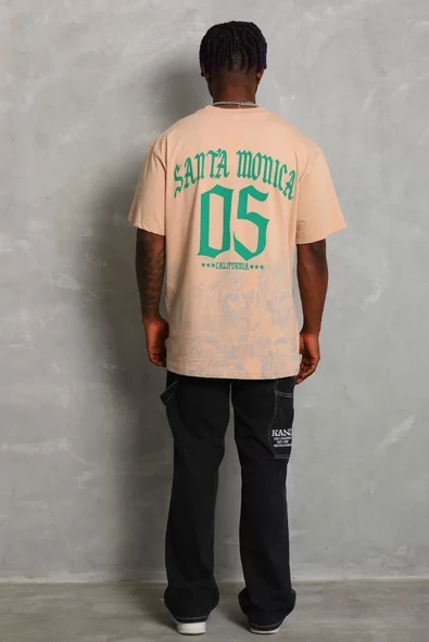 Unisex Oversize Baskılı Bisiklet Yaka T-Shirt - Bej - 2
