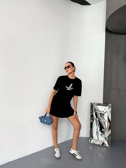 Kısa Kol Baskılı T-shirt - Siyah - Resim 7