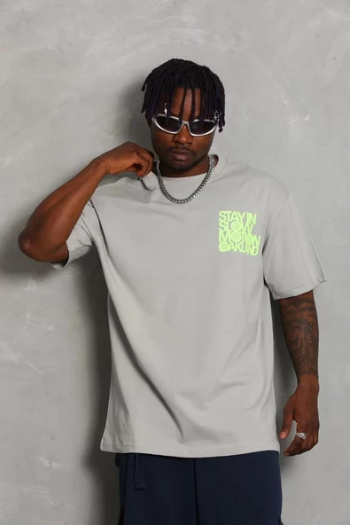 Unisex Oversize Baskılı Bisiklet Yaka T-Shirt - Gri - 2