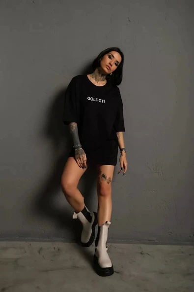 Kadın Sırt Golf Gtı Baskılı Oversize T-shirt - Siyah - Resim 2