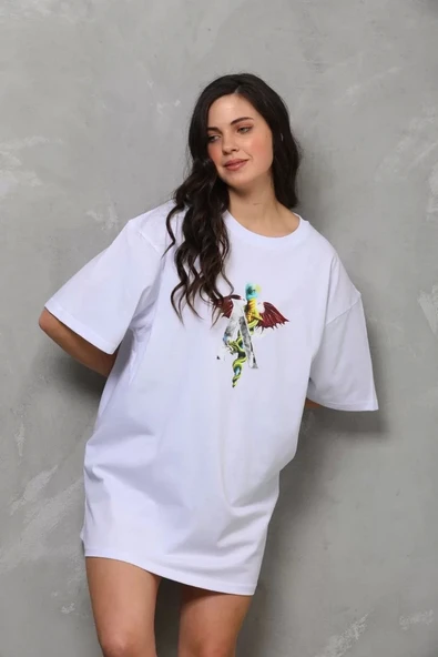 Unisex Bisiklet Yaka Baskılı Oversize T-Shirt - Beyaz - Resim 2