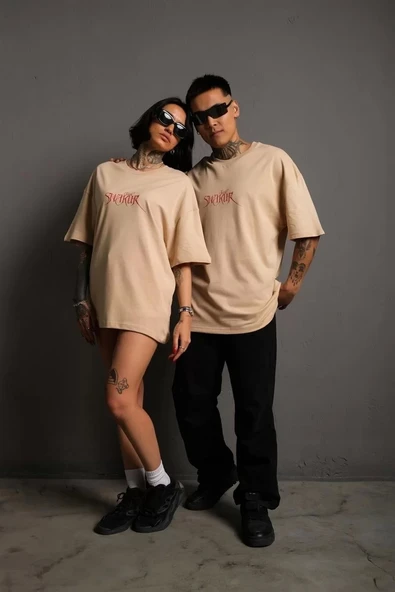 Erkek Sırt Baskılı Oversize T-shirt - Bej - Resim 2