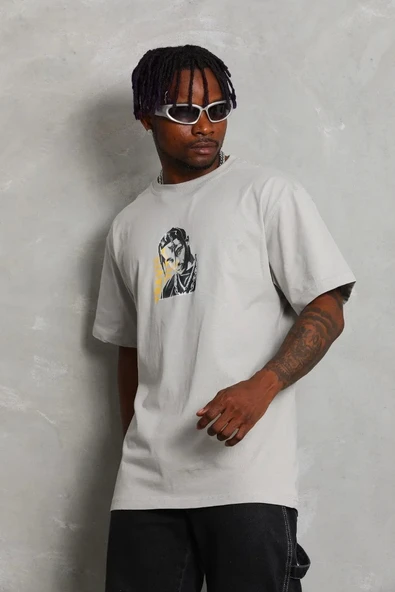 Unisex Oversize Baskılı Bisiklet Yaka T-Shirt - Gri - Resim 2