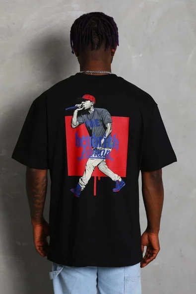 Unisex Oversize Baskılı Bisiklet Yaka T-Shirt - Siyah - Resim 3