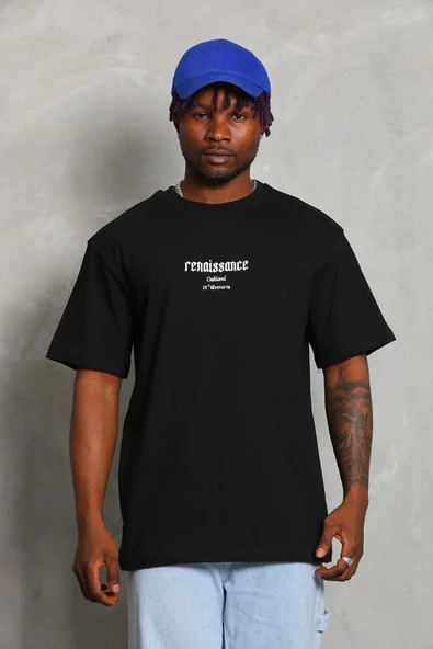 Unisex Oversize Baskılı Bisiklet Yaka T-Shirt - Siyah - Resim 2