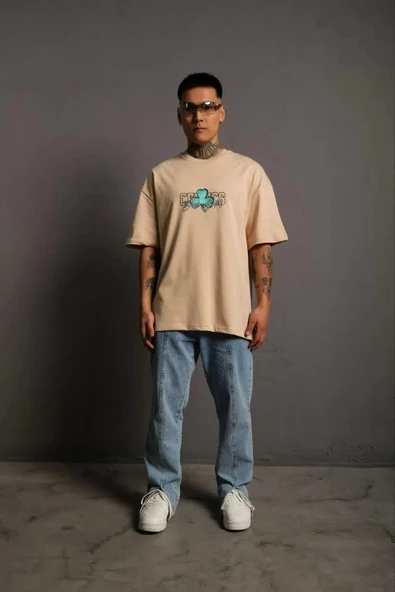 Erkek Sırt Baskılı T-shirt - Bej - Resim 4