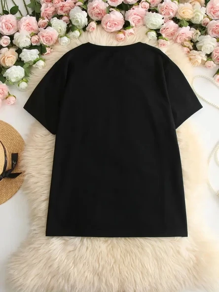 Kadın Beyaz "I've Got Your Back" Grafik Tişört - Eğlenceli Çubuk Tasarımlı Oversize Günlük Kısa Kollu Tişört, Polyester - Resim 3