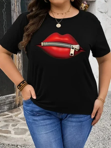 fermuar dudak baskılı tişört bisiklet yaka kısa kollu tişört - Siyah - Resim 4