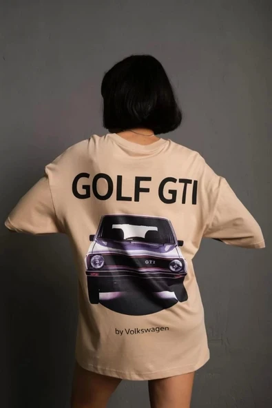 Kadın Sırt Golf Gtı Baskılı Oversize T-shirt - Bej ürün görseli
