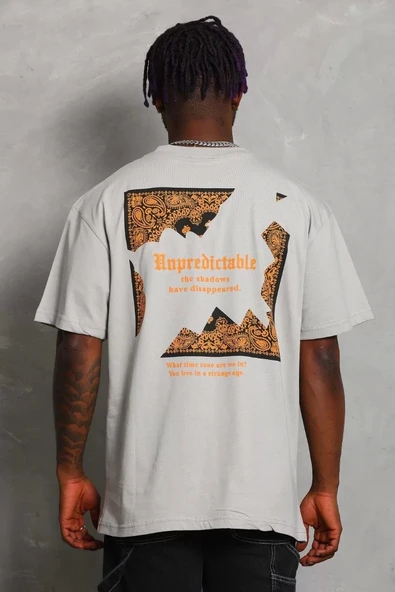 Unisex Oversize Baskılı Bisiklet Yaka T-Shirt - Gri - Resim 5