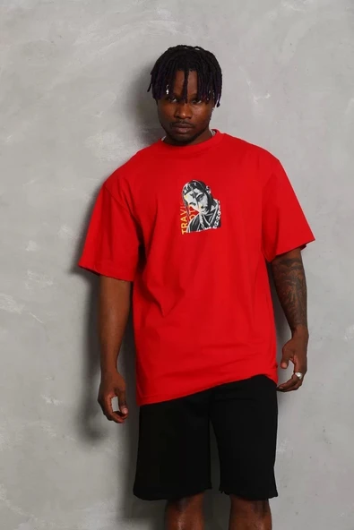 Unisex Oversize Baskılı Bisiklet Yaka T-Shirt - Kırmızı - Resim 2