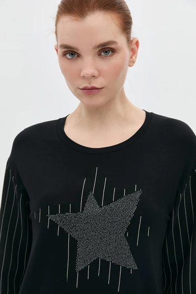 YILDIZ APLİKELİ TAŞLI ÇİZGİLİ TRUVAKARTSHİRT - Resim 3