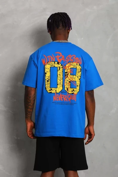 Unisex Oversize Baskılı Bisiklet Yaka T-Shirt - Mavi - 3