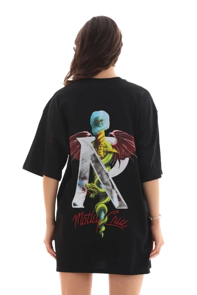 Unisex Bisiklet Yaka Baskılı Oversize T-Shirt - Siyah - Resim 6