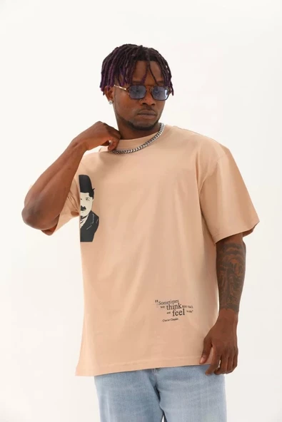 Unisex Oversize Baskılı Bisiklet Yaka T-Shirt - Bej - Resim 2