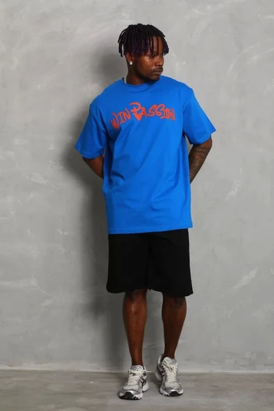 Unisex Oversize Baskılı Bisiklet Yaka T-Shirt - Mavi - 4