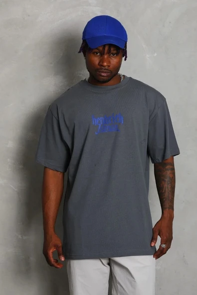 Unisex Oversize Baskılı Bisiklet Yaka T-Shirt - Füme - Resim 4