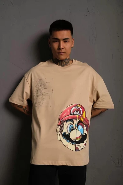 Erkek Mario Baskılı Oversize T-Shirt - Bej ürün görseli