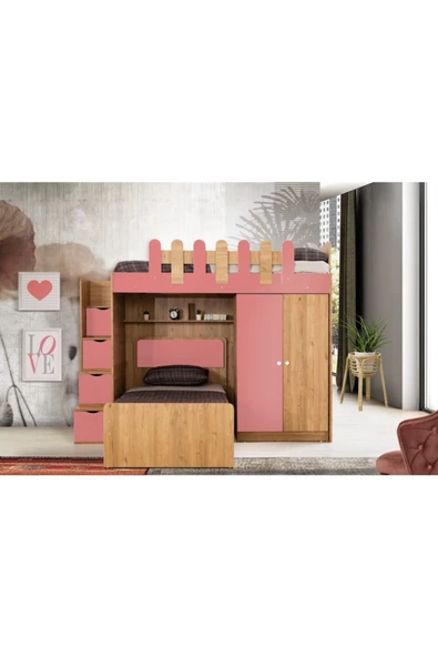 Güven Mobilya  90*190 Okyanus Ceviz / Pembe Karyola Dolap Kiwi Ranza