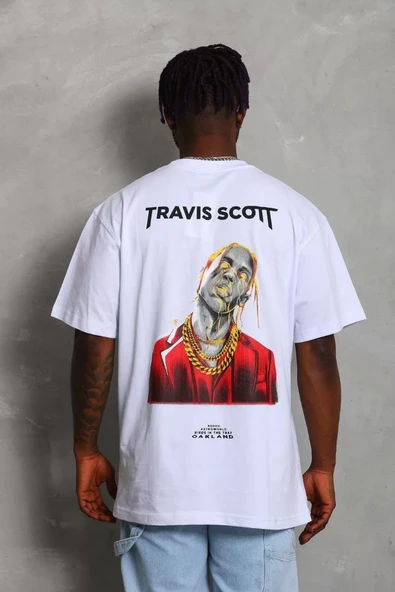 Unisex Oversize Baskılı Bisiklet Yaka T-Shirt - Beyaz - Resim 5