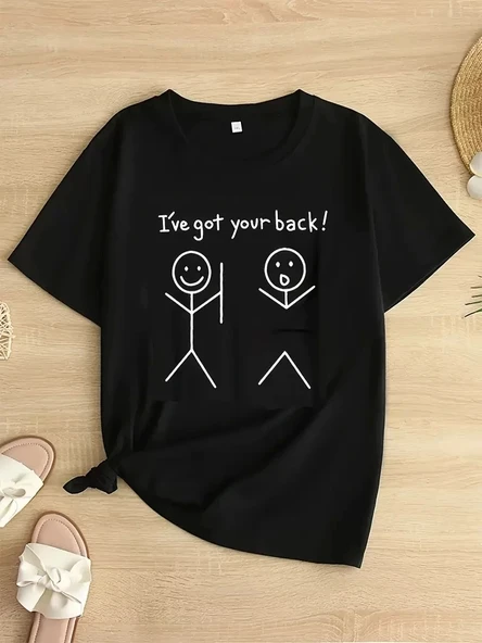 Kadın Beyaz "I've Got Your Back" Grafik Tişört - Eğlenceli Çubuk Tasarımlı Oversize Günlük Kısa Kollu Tişört, Polyester ürün görseli