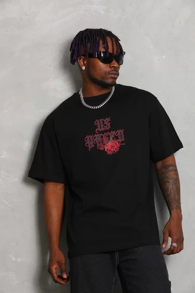 Unisex Oversize Baskılı Bisiklet Yaka T-Shirt - Siyah - Resim 5