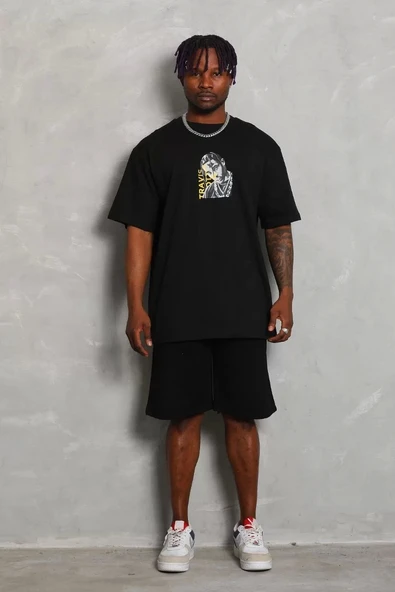 Unisex Oversize Baskılı Bisiklet Yaka T-Shirt - Siyah - Resim 3