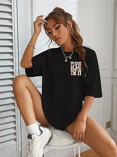 Kadın Bisiklet Yaka Baskılı T-shirt - Siyah - 1