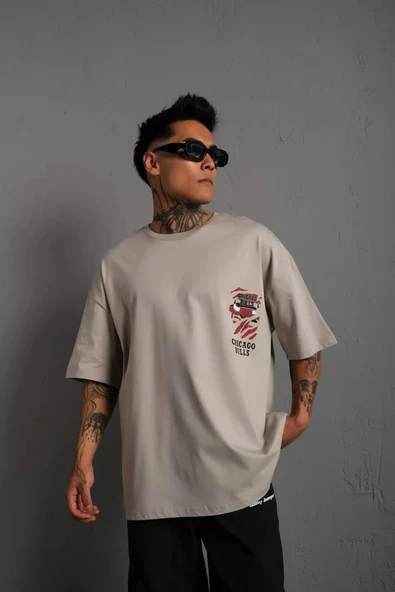 Erkek Sırt Baskılı A Kalite Oversize T-shirt - Gri - 3