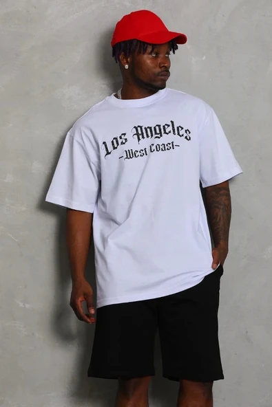 Unisex Oversize Baskılı Bisiklet Yaka T-Shirt - Beyaz - Resim 4