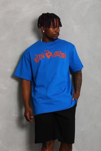 Unisex Oversize Baskılı Bisiklet Yaka T-Shirt - Mavi - 5