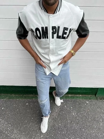 Erkek Complex Kolları Deri Kolej Oversize T-Shirt - Beyaz - Resim 2