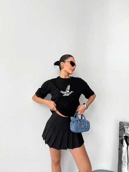 Kısa Kol Baskılı T-shirt - Siyah - Resim 2