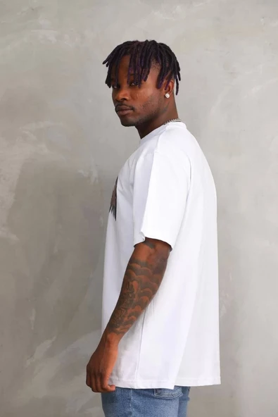Unisex Baskılı Oversize T-Shirt - Beyaz - 5