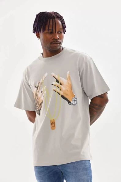 Unisex Baskılı Oversize T-Shirt - Gri - Resim 3