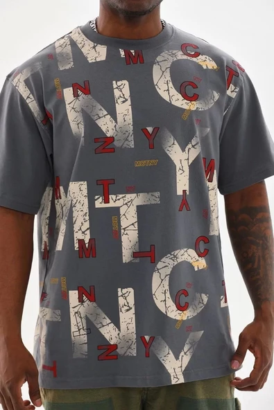 Unisex Baskılı Oversize T-Shirt - Füme - 1