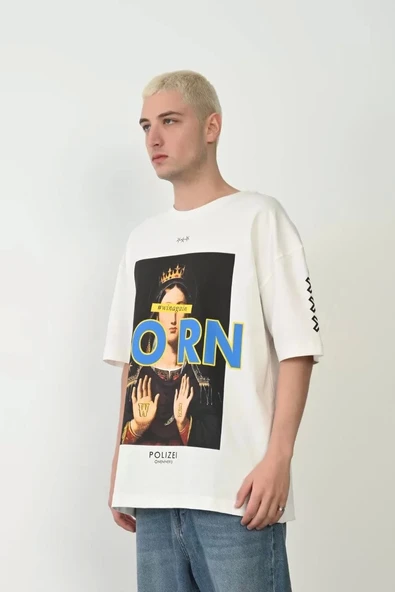 Unisex Baskılı Bisiklet Yaka Oversize T-Shirt - Beyaz ürün görseli