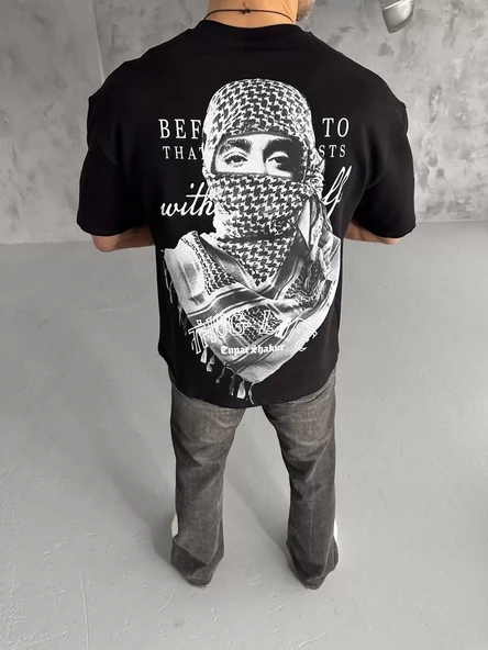 Unisex Baskılı Oversize T-Shirt - Siyah - Resim 4