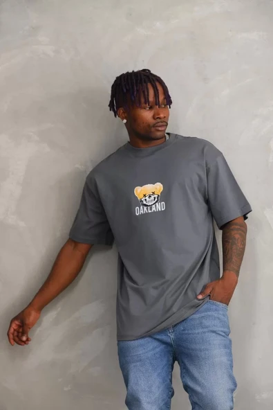 Unisex Baskılı Oversize T-Shirt - Füme - Resim 7