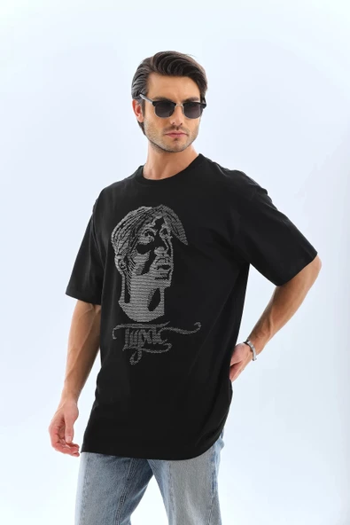 Unisex Oversize Taşlı Bisiklet Yaka T-Shirt - Siyah ürün görseli