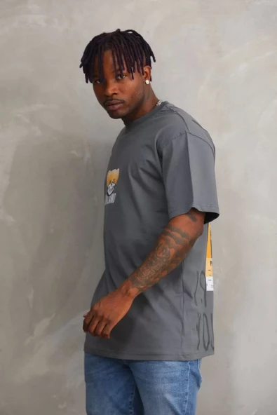 Unisex Baskılı Oversize T-Shirt - Füme - Resim 5
