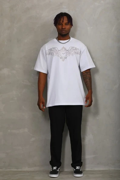 Unisex Oversize Taşlı Bisiklet Yaka T-Shirt - Beyaz - Resim 4