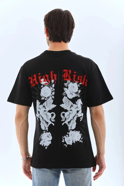 Unisex Oversize Baskılı Bisiklet Yaka T-Shirt - Siyah - Resim 2